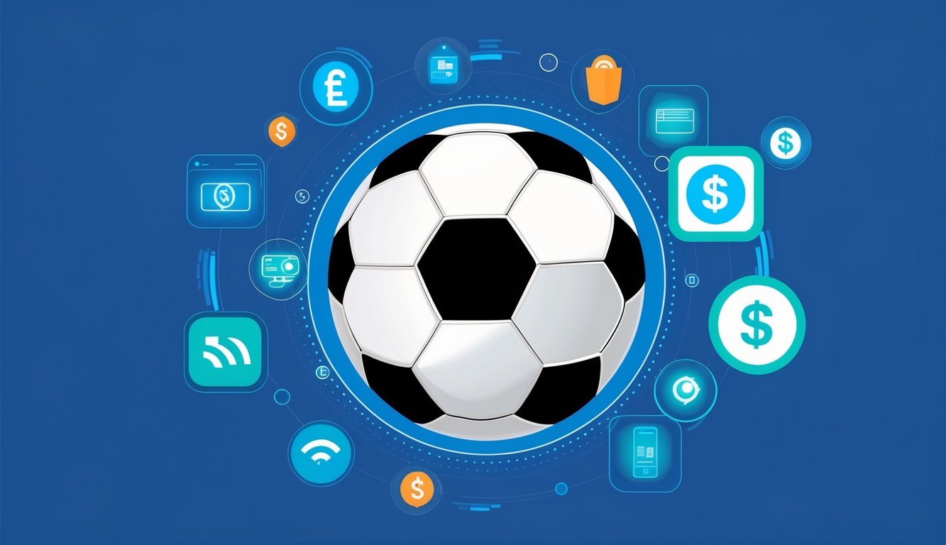 Sebuah bola sepak dikelilingi oleh berbagai bentuk simbol pembayaran digital dan mobile, yang mewakili konsep penyetoran kredit tanpa potongan.