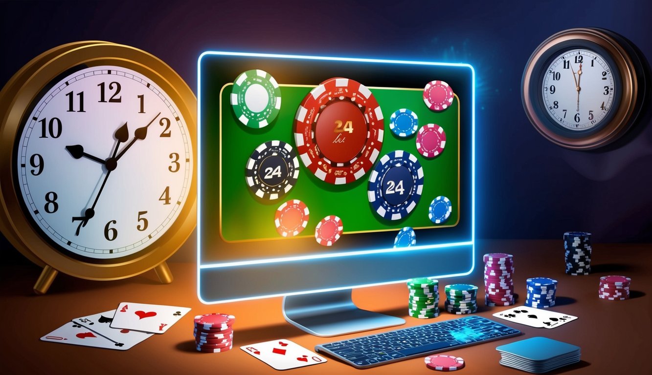 Sebuah layar komputer yang bersinar dengan chip poker dan kartu, dikelilingi oleh jam yang menunjukkan layanan 24 jam