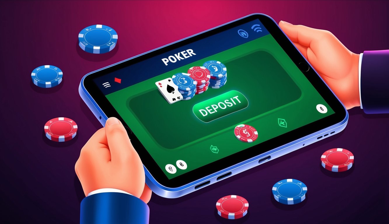 Sebuah perangkat digital yang menampilkan permainan poker online dengan tombol deposit yang berdenyut