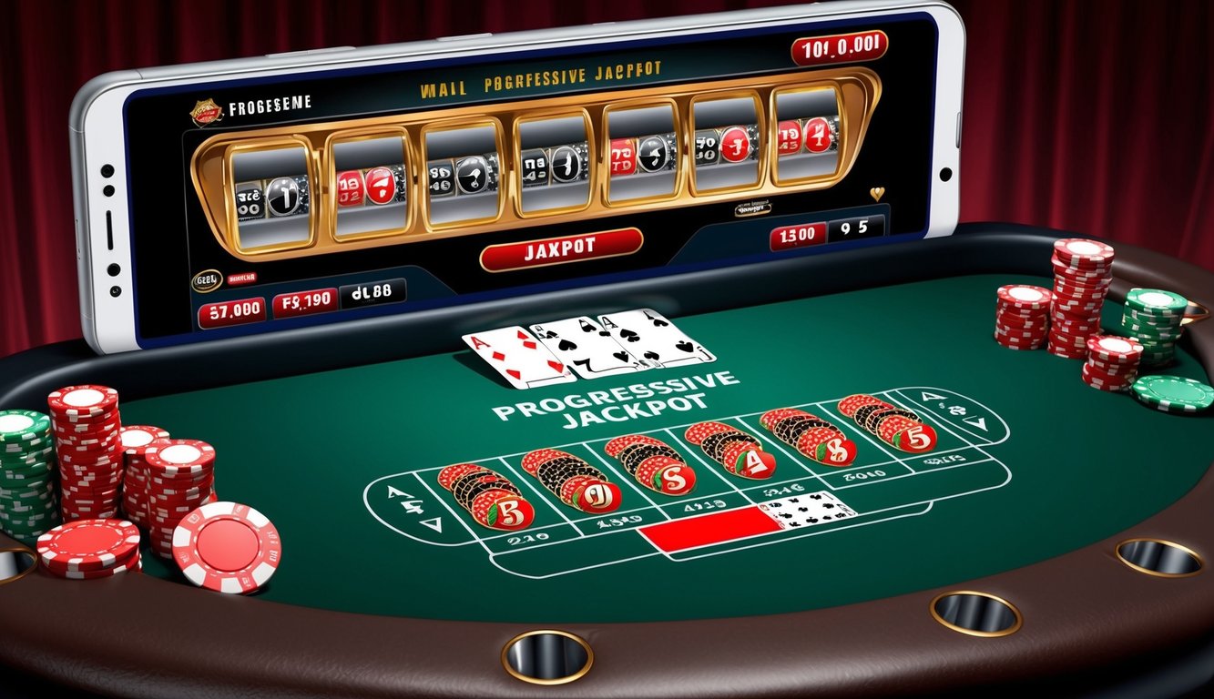 Sebuah meja poker digital dengan jackpot progresif besar yang ditampilkan di layar