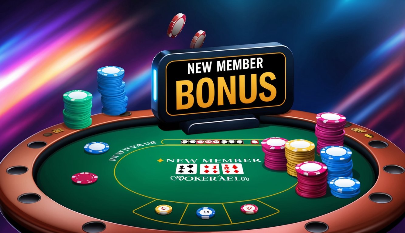 Sebuah meja poker digital dengan grafik yang cerah dan tawaran 'bonus anggota baru' yang ditampilkan secara mencolok