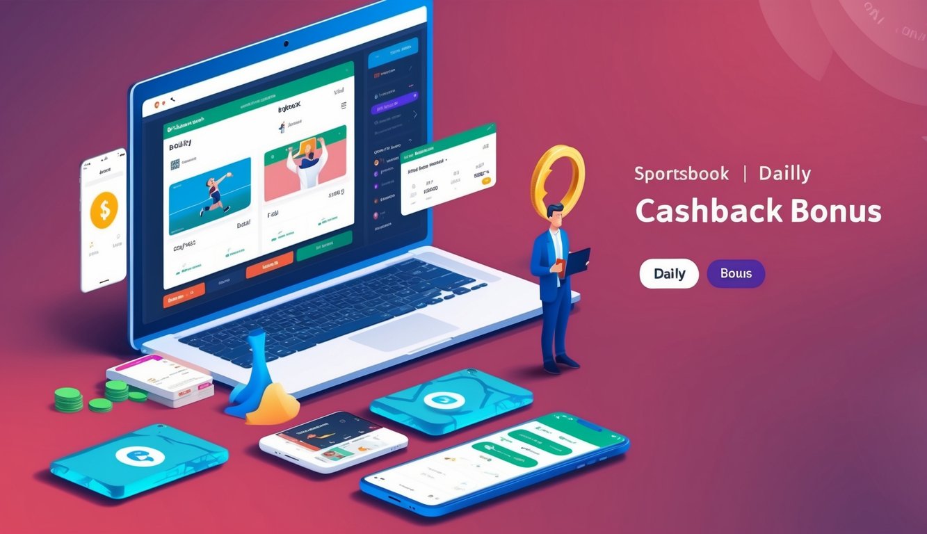 Sebuah platform digital dengan antarmuka sportsbook dan tawaran bonus cashback harian