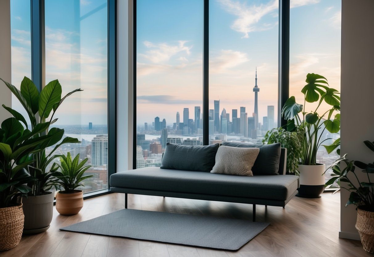 A cozy living room with a modern walking pad, surrounded by plants and a large window with a view of the city skyline