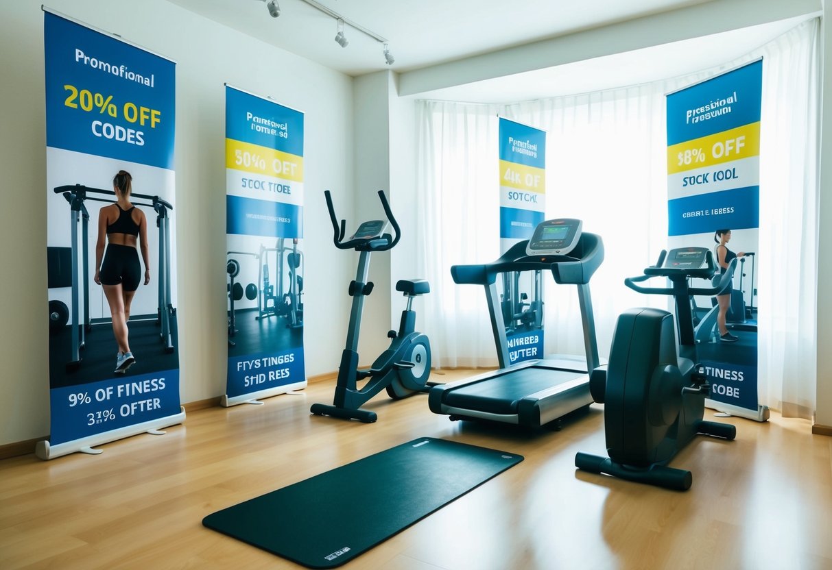 A brightly lit room with various home fitness equipment, including a sleek walking pad, surrounded by promotional banners and discount codes