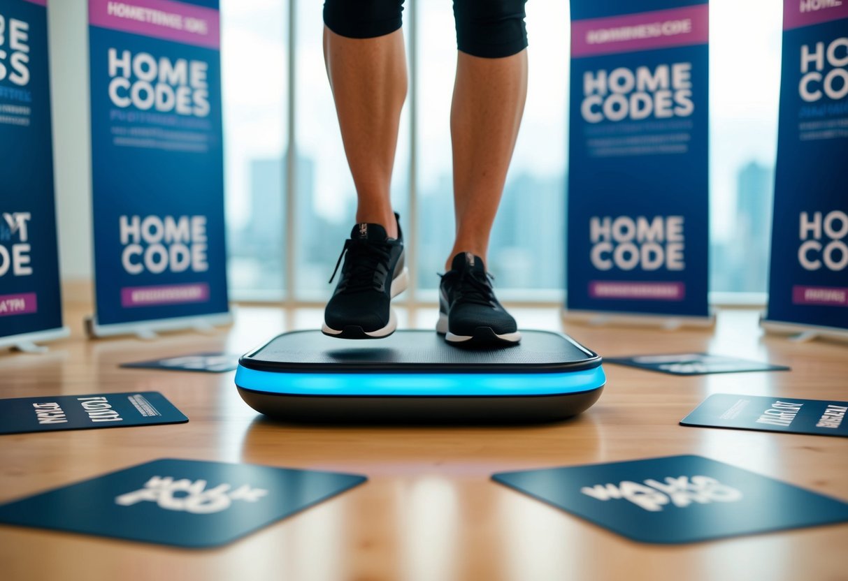 A modern, sleek walking pad surrounded by discount codes and promotional banners for Homefitnesscode in January 2025