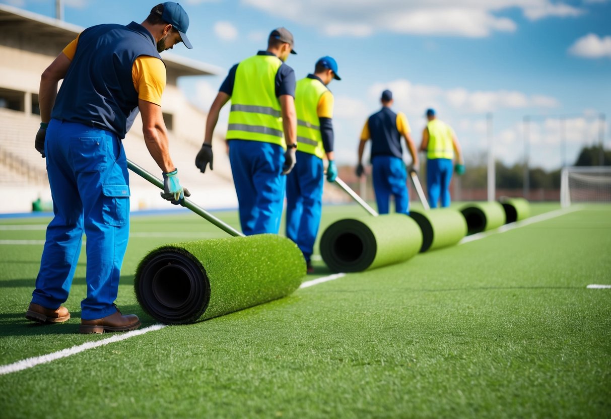 A team of workers removing worn artificial turf from a sports field, with new rolls of bright green turf ready to be installed