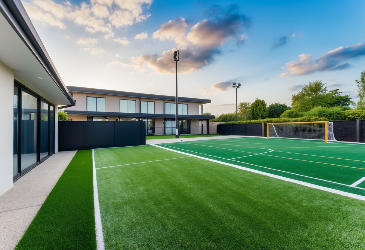A well-maintained residential backyard with artificial turf, a commercial space with a large outdoor area, and a sports field with gilded goalposts
