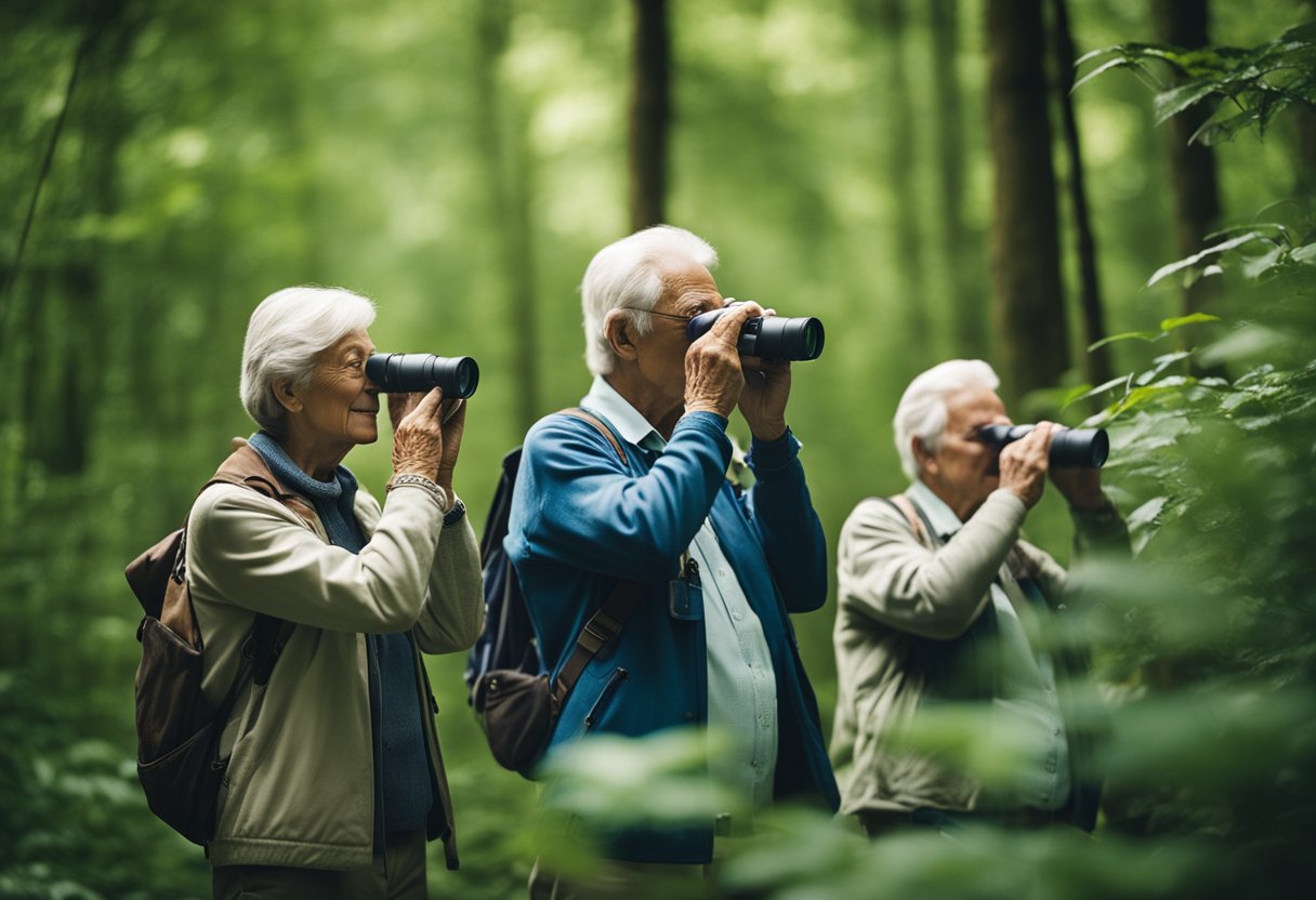 A group of seniors on a birding tour, binoculars in hand, observing various bird species in a lush, forested area