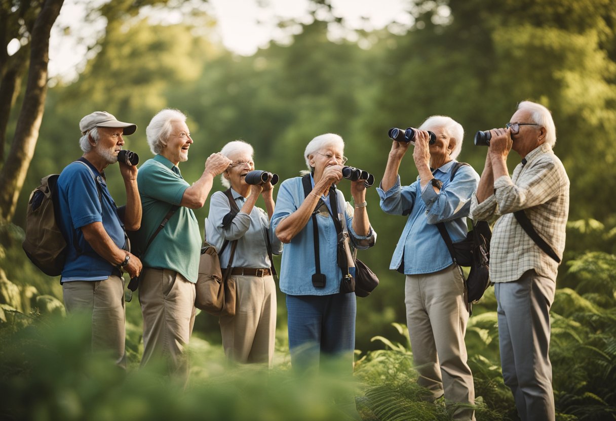 A group of seniors with binoculars and birding guides gather near a trailhead, surrounded by lush trees and chirping birds