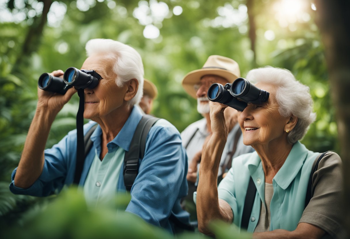 A group of seniors with binoculars and cameras, surrounded by lush trees and colorful birds. A guide points out different species while everyone listens attentively