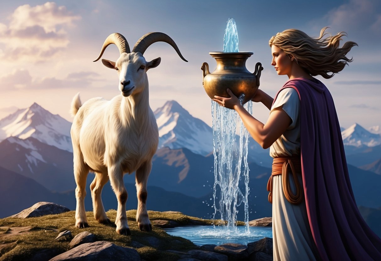 A majestic goat stands on a mountaintop, while water pours from an urn held by a figure with flowing hair