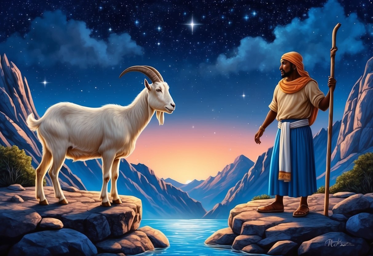 A goat and a water bearer stand on opposite sides of a rocky mountain, observing each other cautiously under the starry night sky