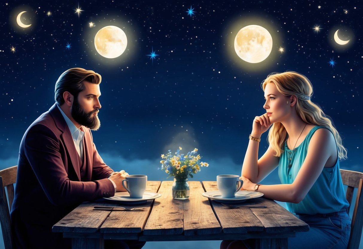 A serious Capricorn and free-spirited Aquarius sit on opposite sides of a rustic table, engaged in deep conversation under a starry night sky