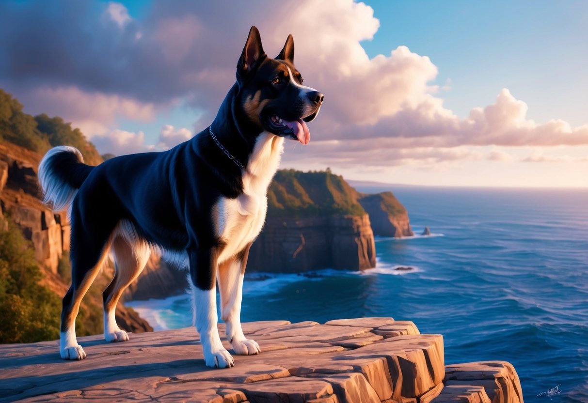 A powerful Presa Canario dog standing proudly on a rocky cliff overlooking the ocean