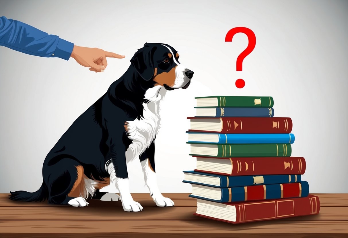 A Presa Canario dog sitting next to a stack of books with a question mark on top, while a person points to it