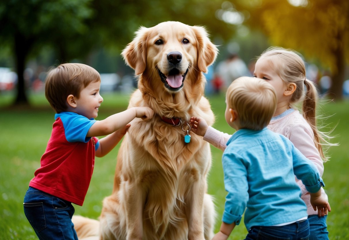 A golden retriever playing with children in a park, wagging its tail and wearing a friendly expression