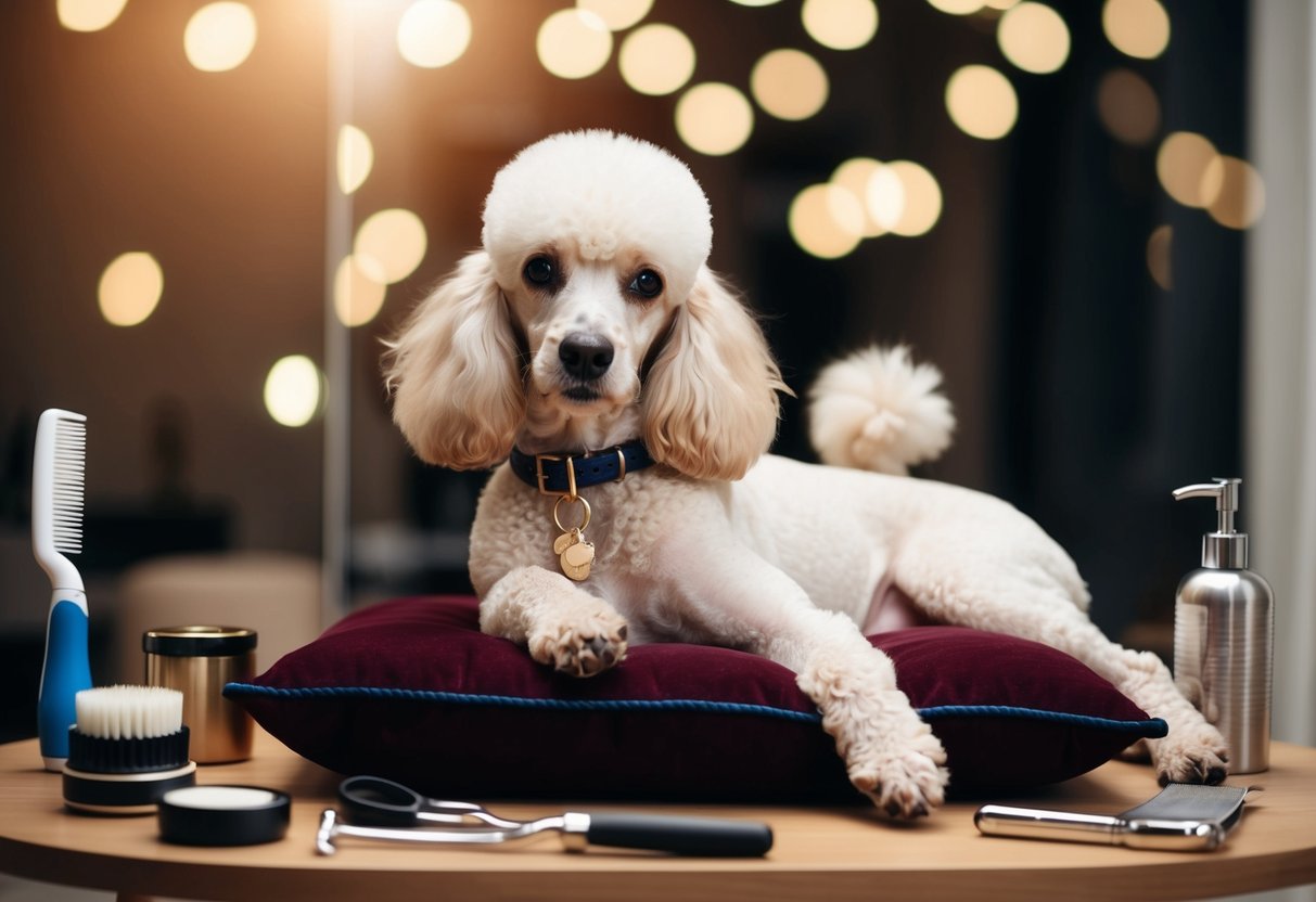 A pampered poodle reclining on a velvet cushion, surrounded by grooming tools and luxury accessories