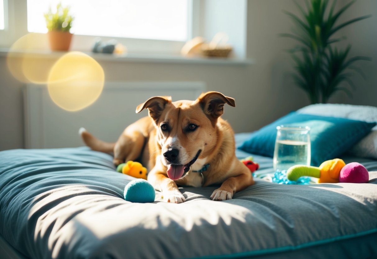 A dog lying contently on a comfortable bed, surrounded by toys and water, with sunlight streaming in through a window