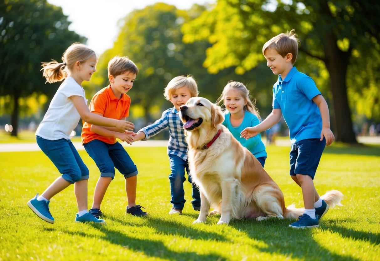 A group of children playing with a happy and gentle Golden Retriever in a sunny park