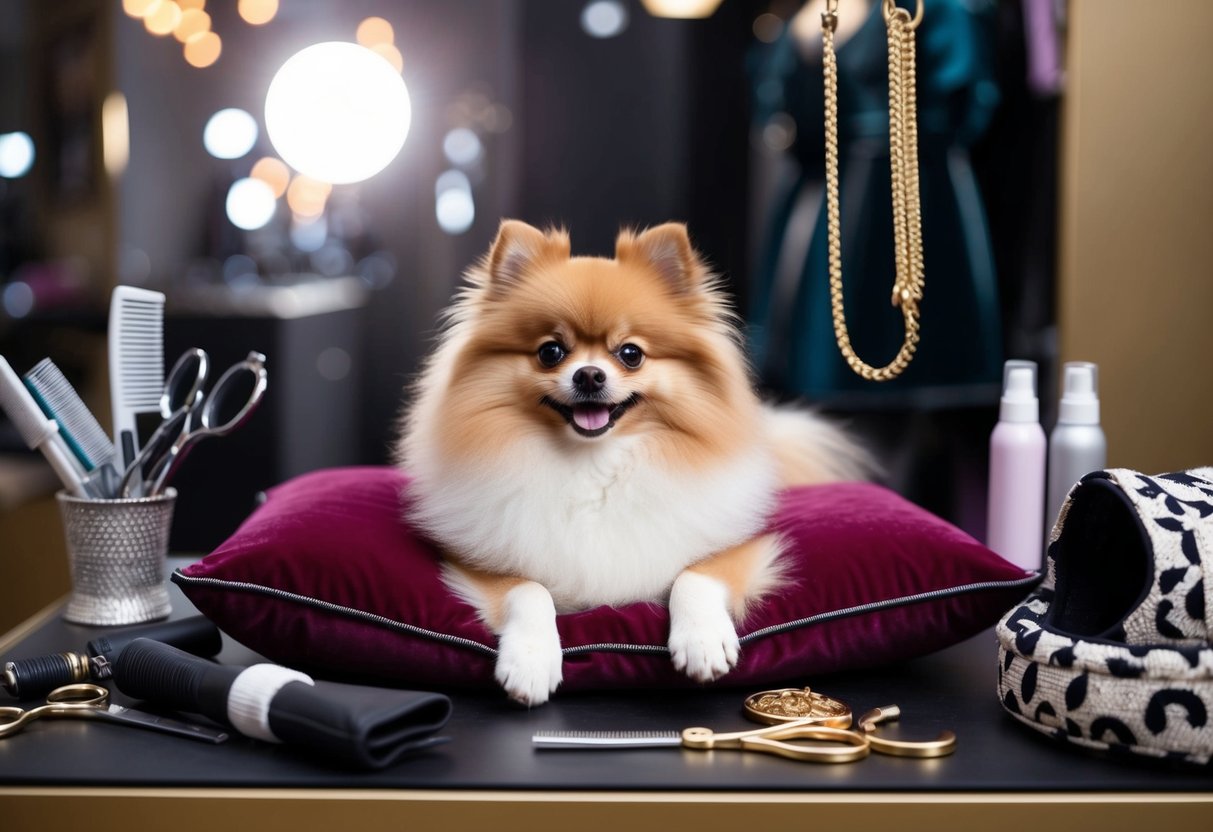 A fluffy, pampered Pomeranian lounges on a velvet cushion surrounded by grooming tools, designer outfits, and a lavish dog bed