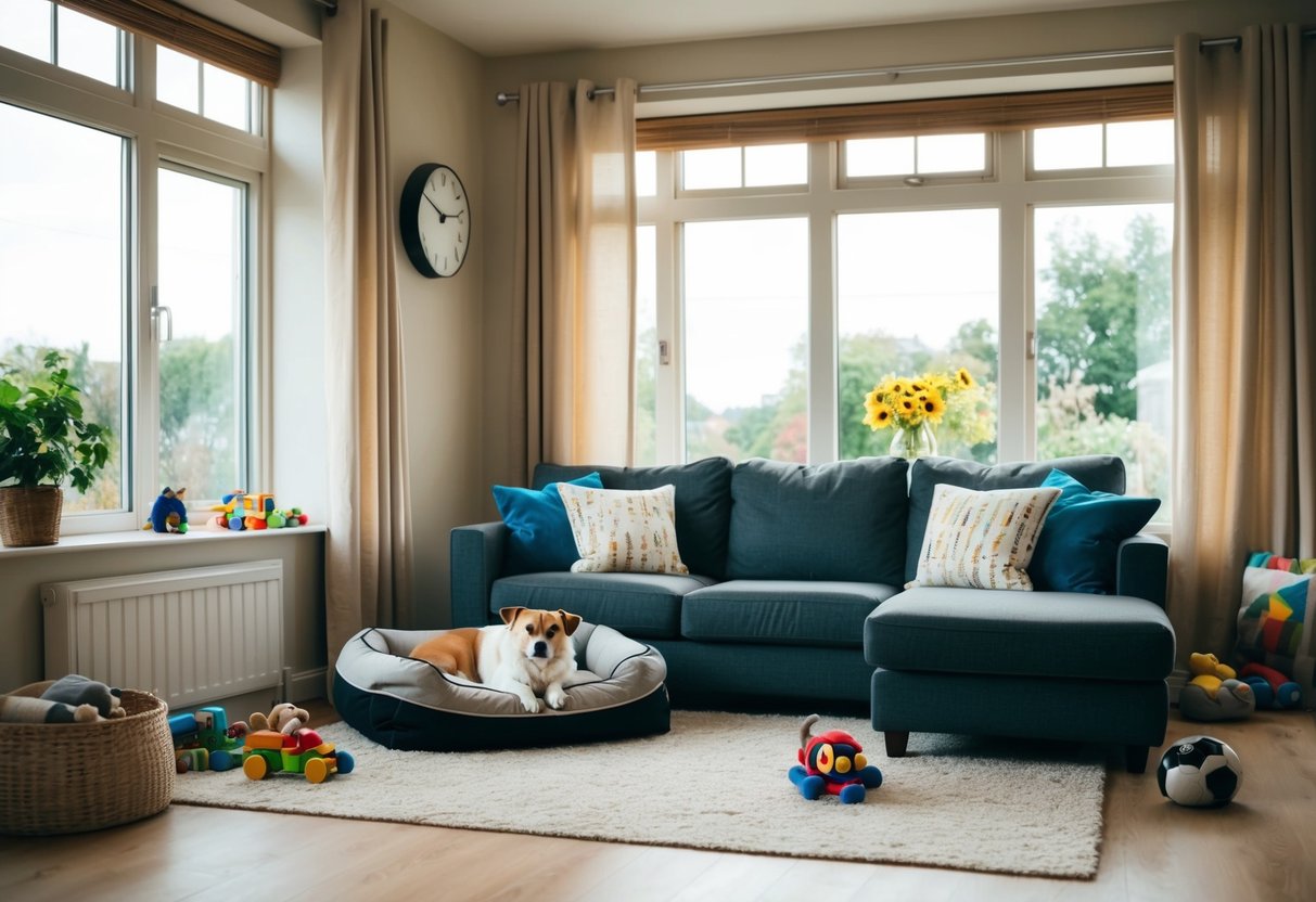 A cozy living room with a large window, a comfortable dog bed, and toys scattered around. A clock on the wall shows the time as 8 hours