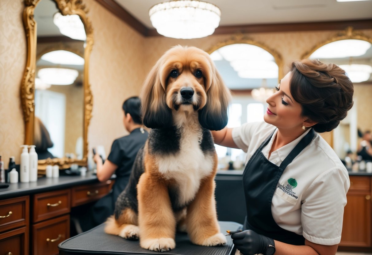 A fluffy, regal-looking Afghan Hound being groomed with meticulous care in a luxurious, ornate grooming salon