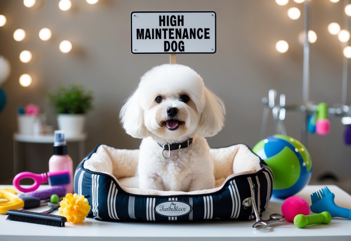 A fluffy white Bichon Frise surrounded by grooming tools, toys, and a fancy bed, with a sign reading "High Maintenance Dog" above its head