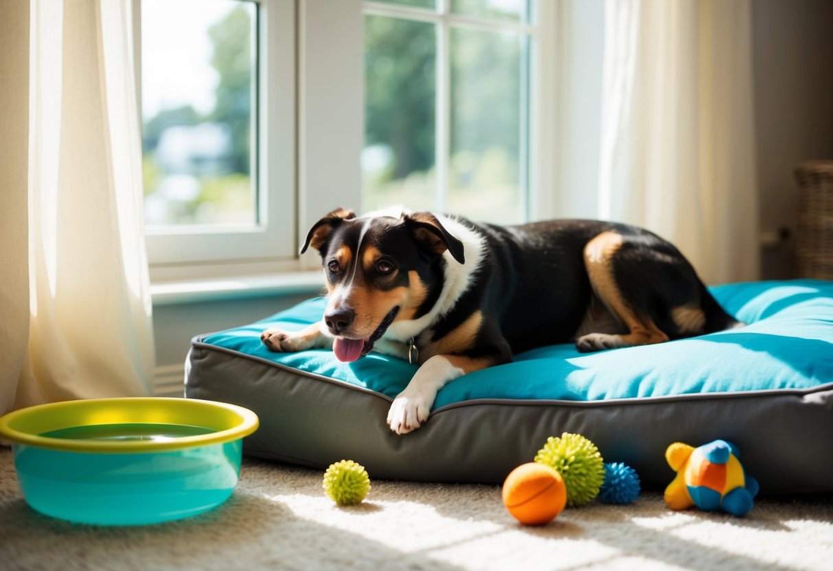 A contented dog lounges on a cozy bed, surrounded by toys and a filled water bowl, with sunlight streaming in through a window