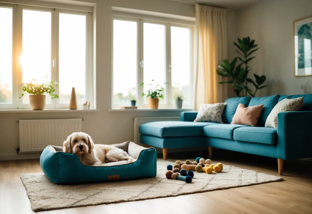 A cozy living room with a sunlit window, a comfortable dog bed, and a selection of chew toys
