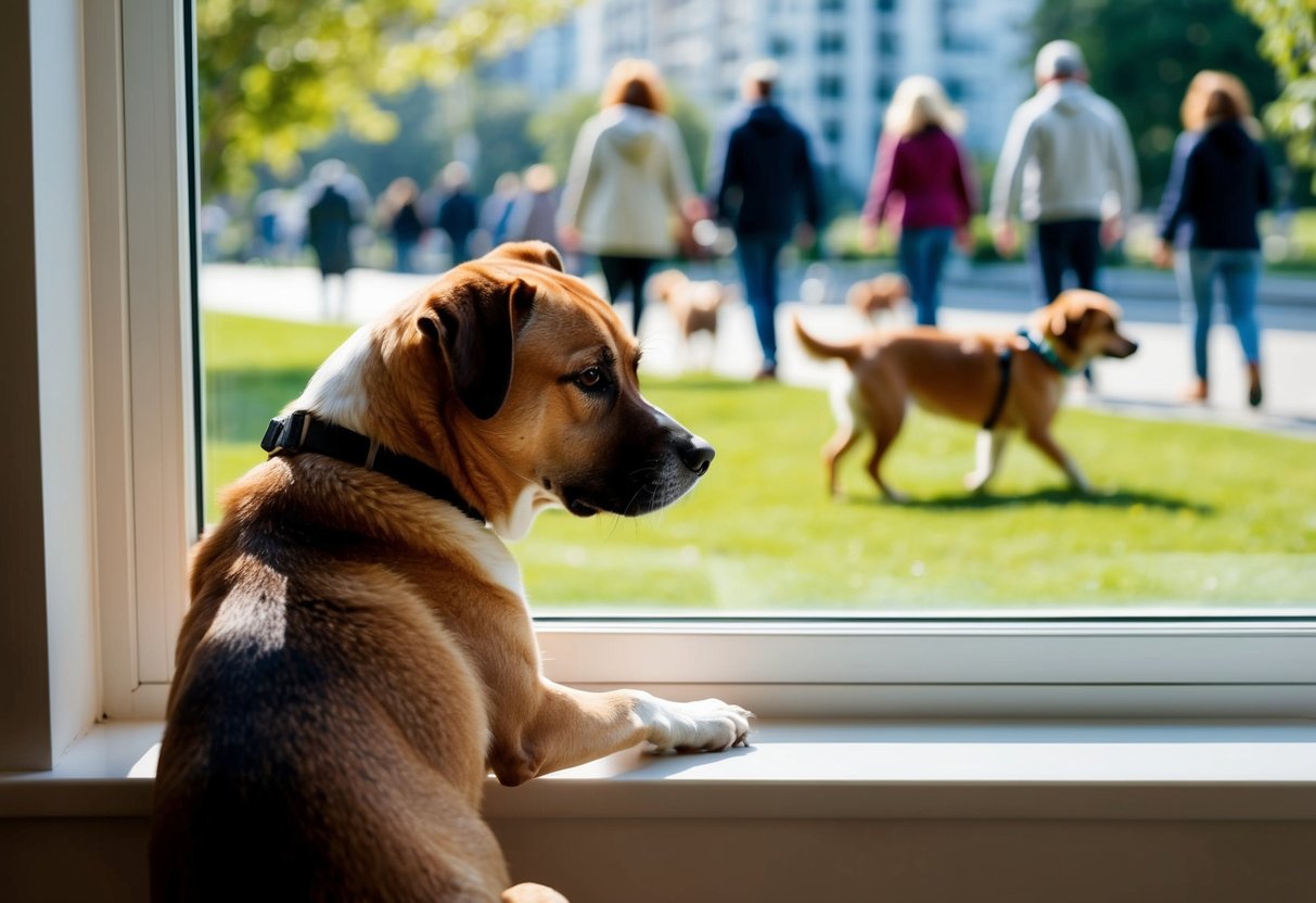 A sad dog sits by the window, watching as other dogs and people go for walks outside