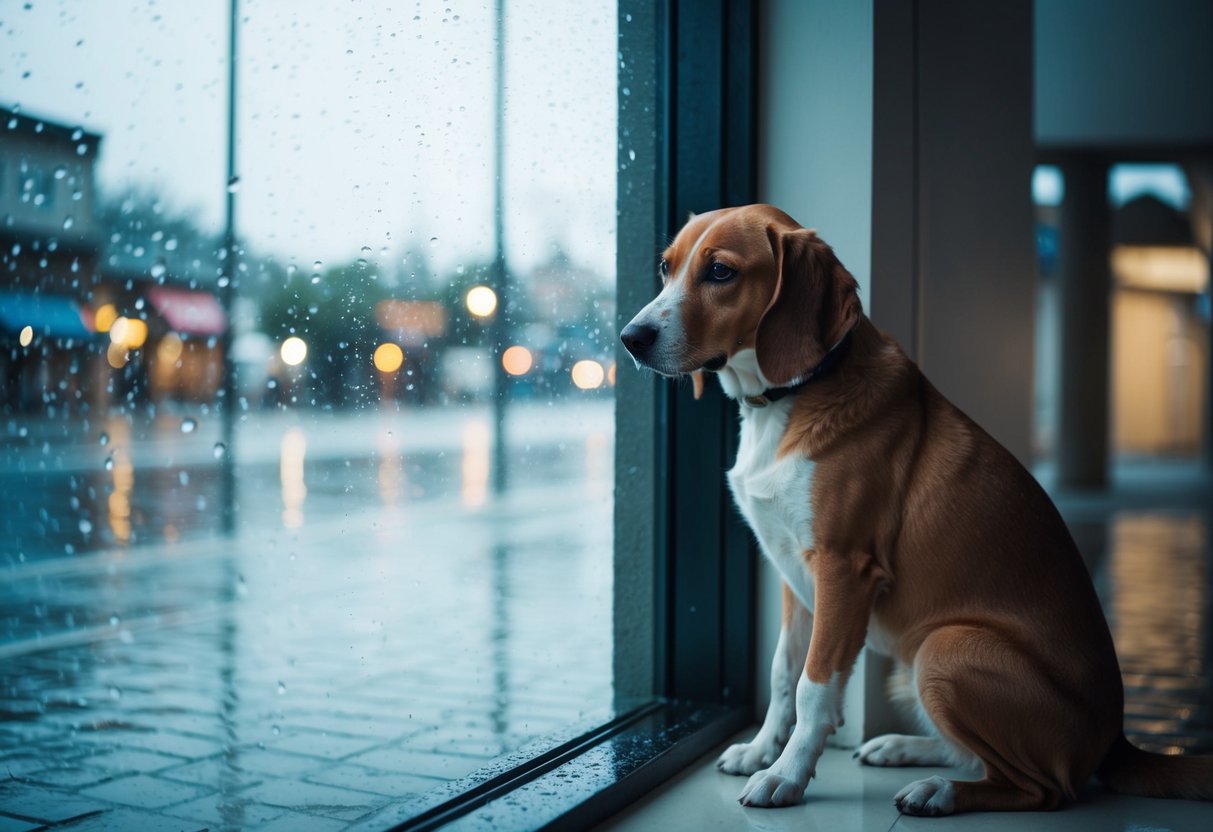 A dog sits by the window, rain pouring outside. Its ears droop and tail hangs low, looking out longingly at the wet streets