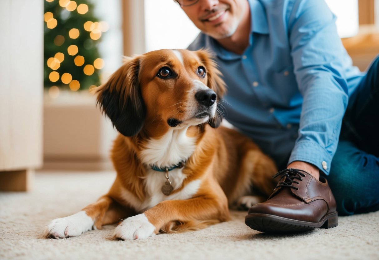 A dog lying at the feet of its owner, gazing up with adoring eyes