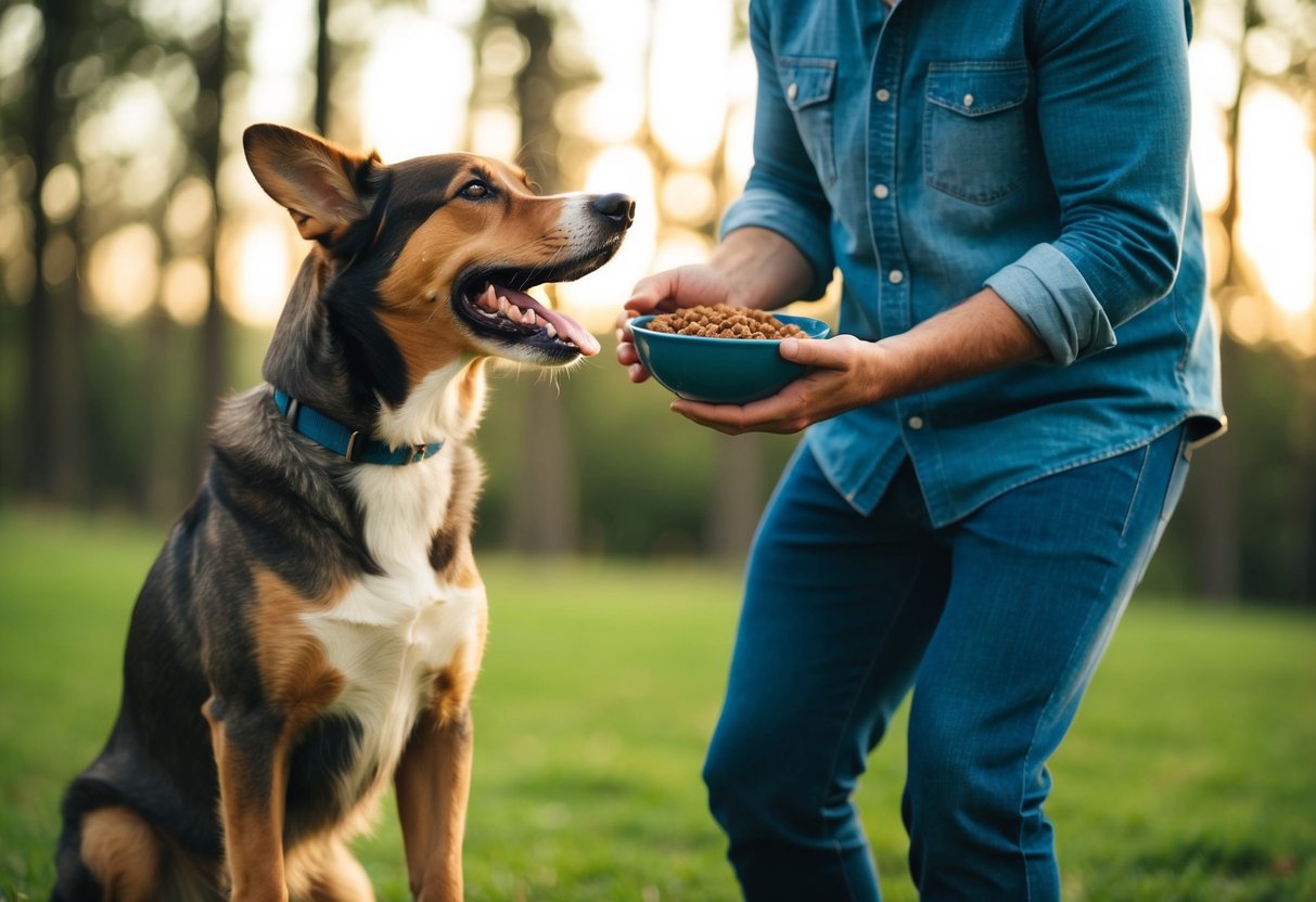 A wagging dog eagerly approaches a person holding a bowl of food
