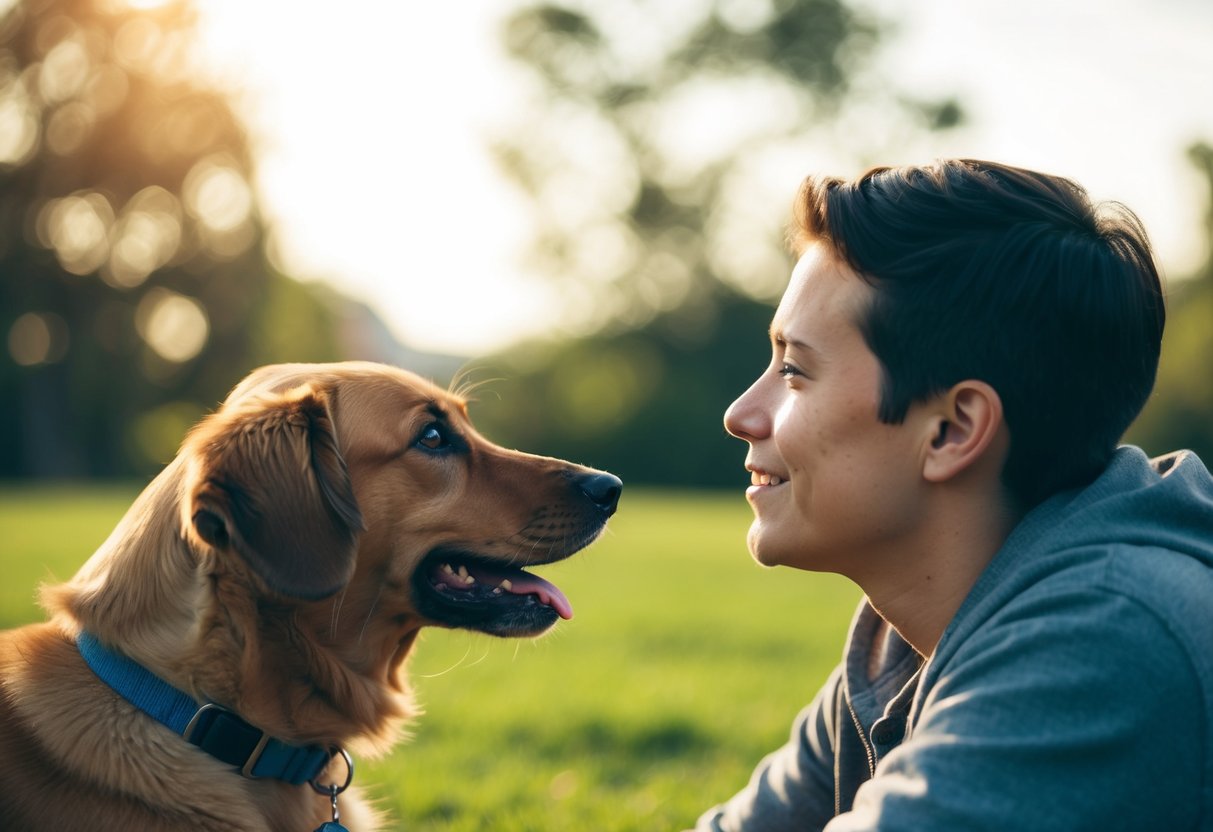 A person and their dog sitting closely together, gazing into each other's eyes with expressions of love and trust