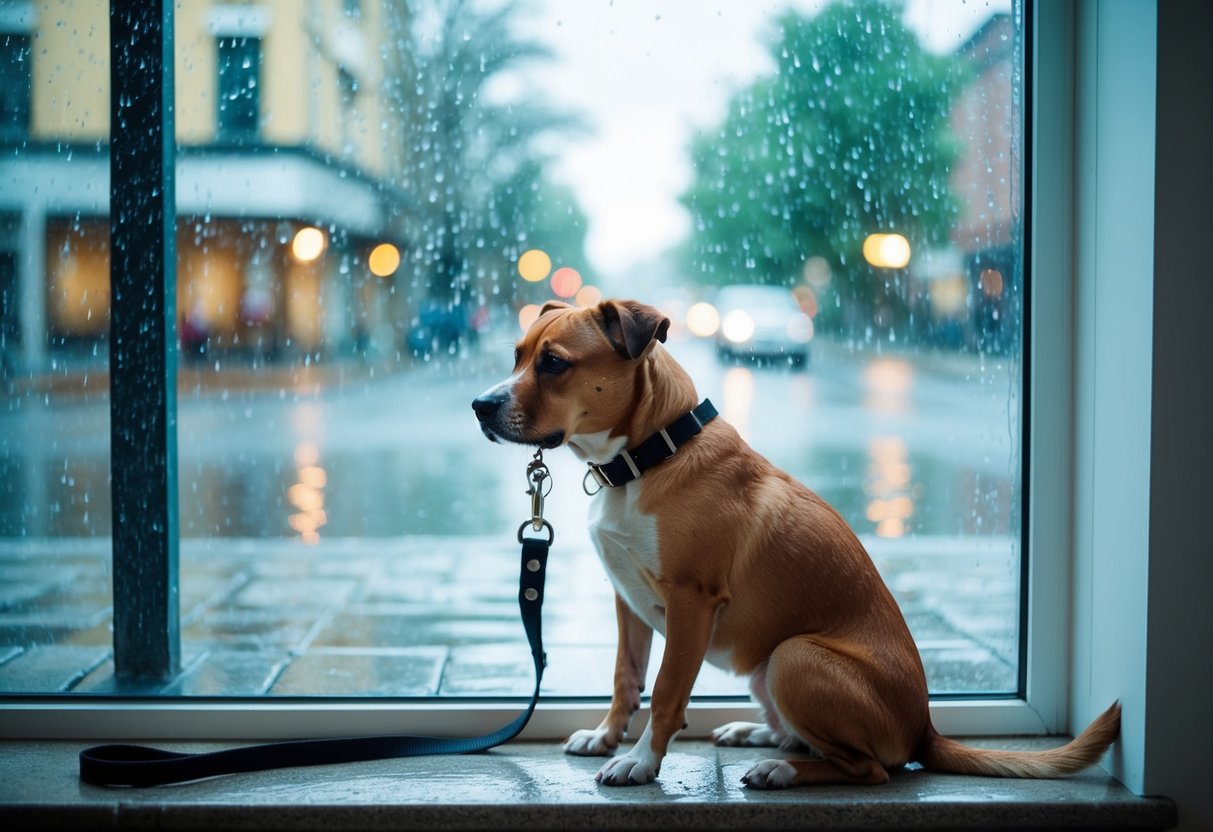 A sad dog sits by the window, rain pouring outside. Leash and collar lay untouched, as the dog stares longingly at the wet streets