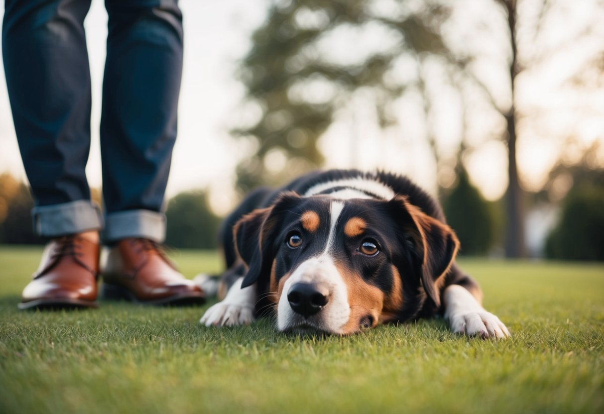 A dog lying by the feet of a person, gazing up at them with adoring eyes