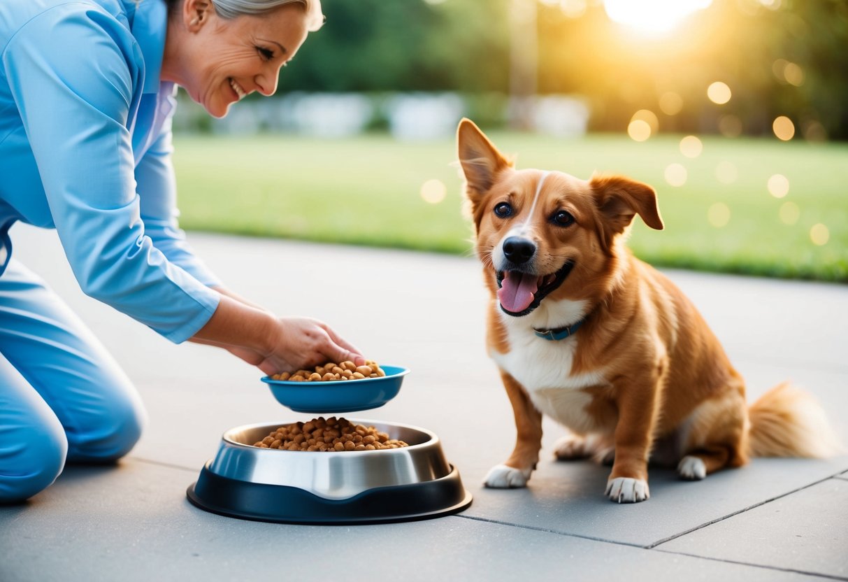 A caregiver placing a bowl of food in front of a happy dog wagging its tail eagerly