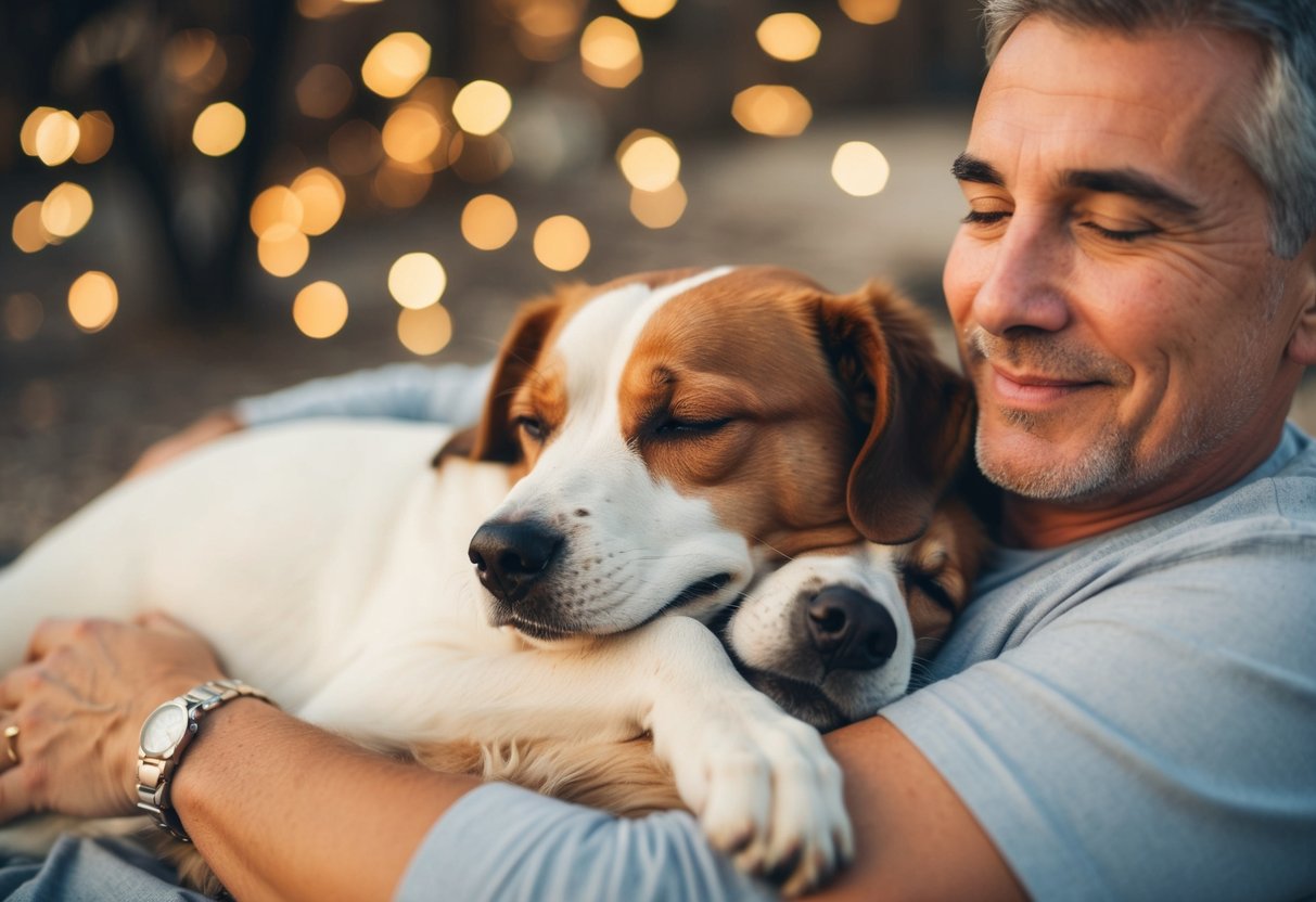 A loyal dog snuggles with its owner, showing clear signs of bonding and affection