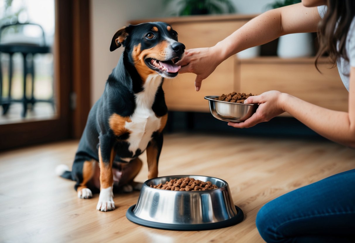 A dog eagerly sits in front of a full food bowl, wagging its tail and looking up at the person who is about to feed it