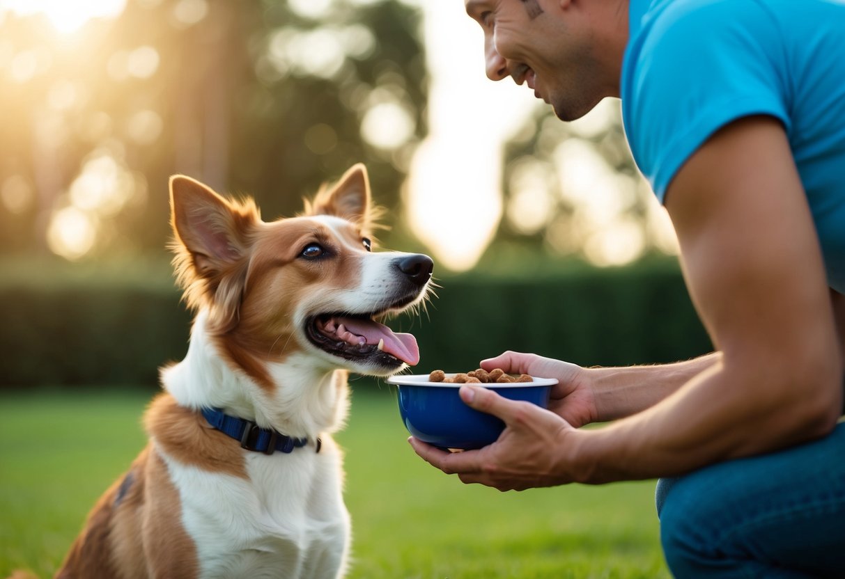 A dog eagerly looks up at the person holding a food bowl, wagging its tail and showing signs of excitement