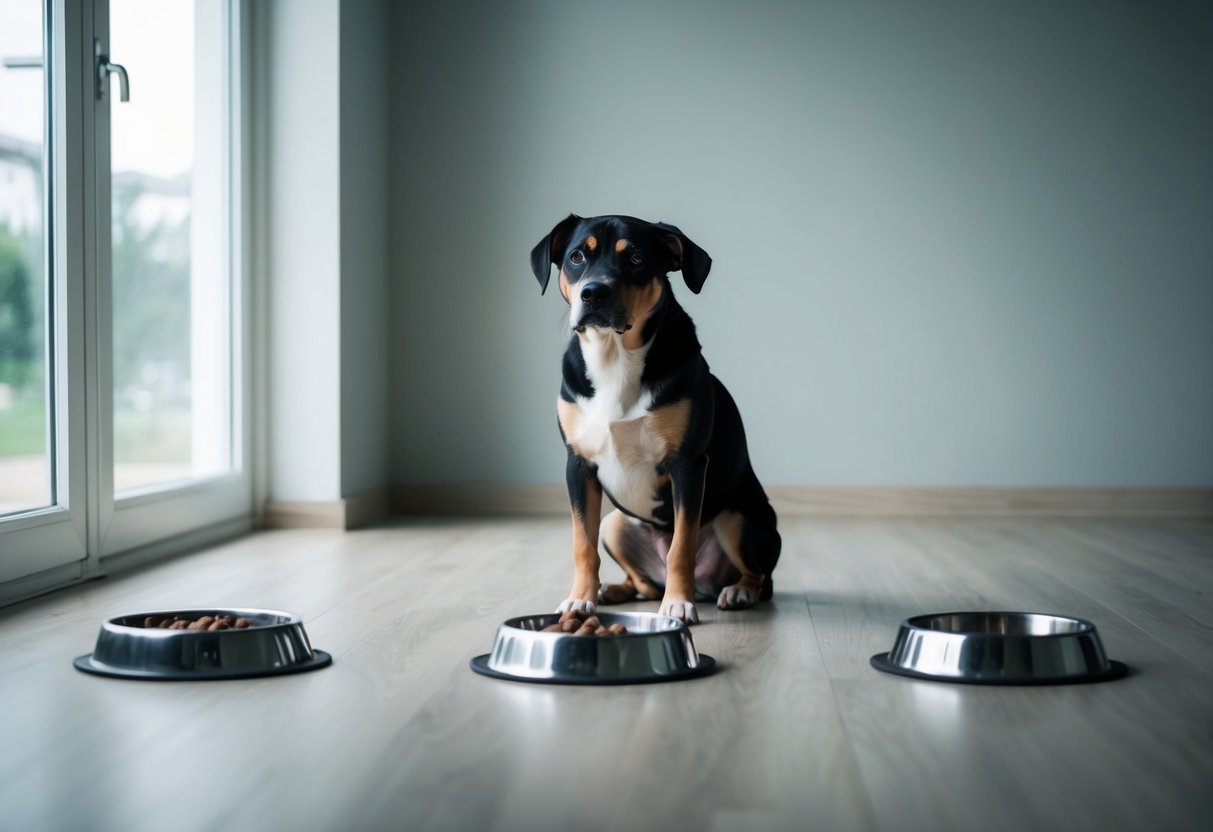 A sad dog sits alone in an empty room for 10 hours, surrounded by empty food and water bowls