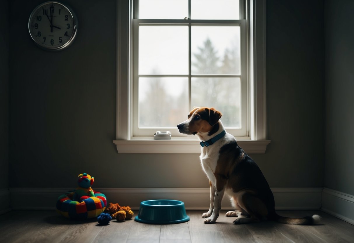 A dog sits alone in a dimly lit room, surrounded by toys and a water bowl. The clock on the wall shows the passing of time, as the dog looks out the window with a longing expression