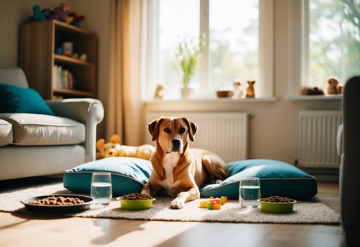 A dog sits alone in a cozy living room, surrounded by toys, food, and water. A large window lets in sunlight, and a comfortable bed awaits the dog's nap
