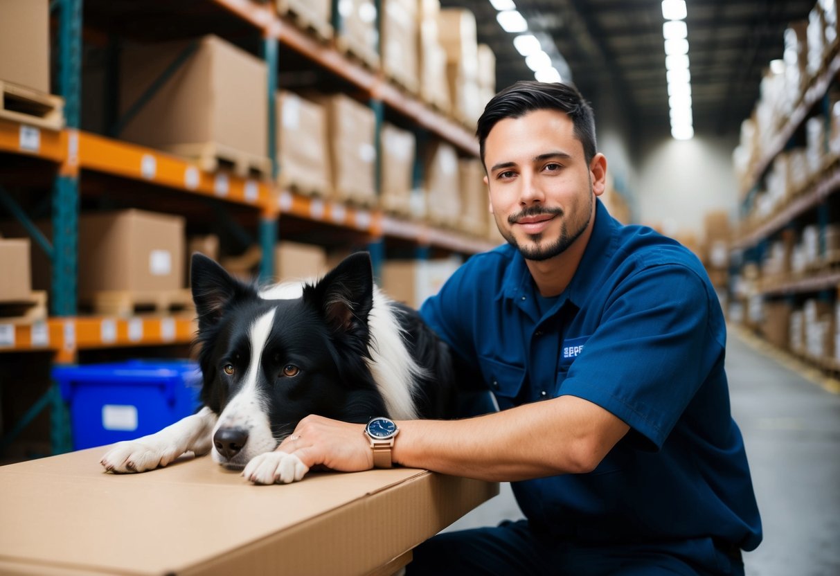 A loyal and alert border collie resting by a worker's side during a long shift in a bustling warehouse
