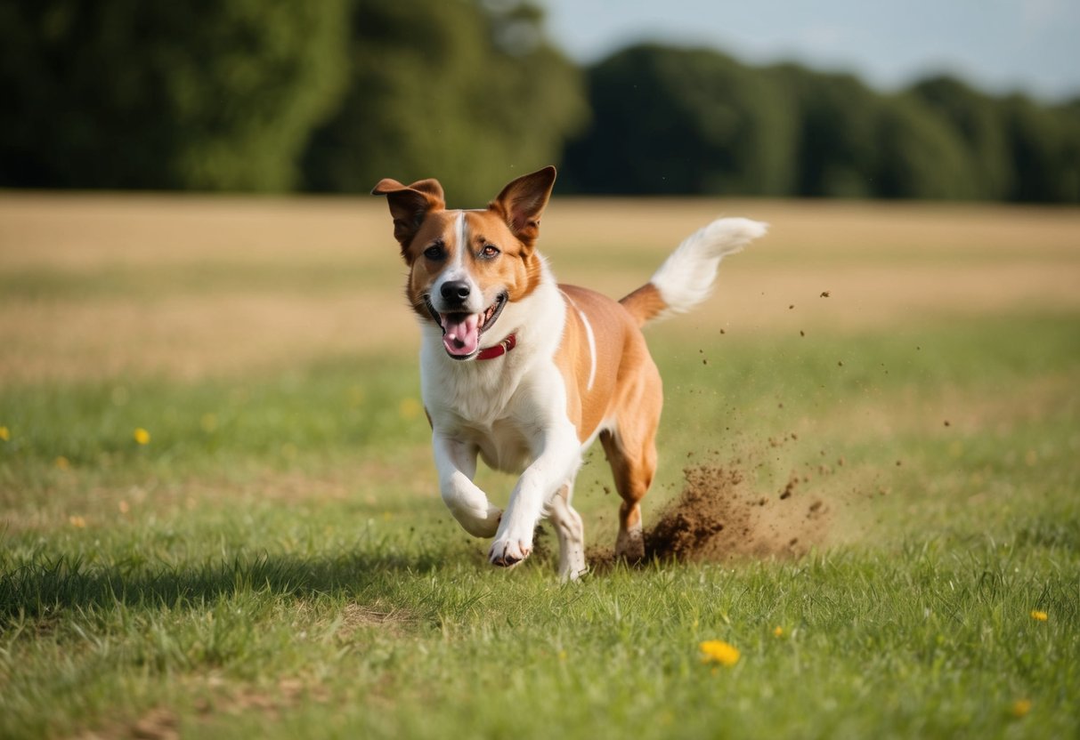 A lively dog runs joyfully in an open field, kicking up dirt and grass as it dashes around with playful energy