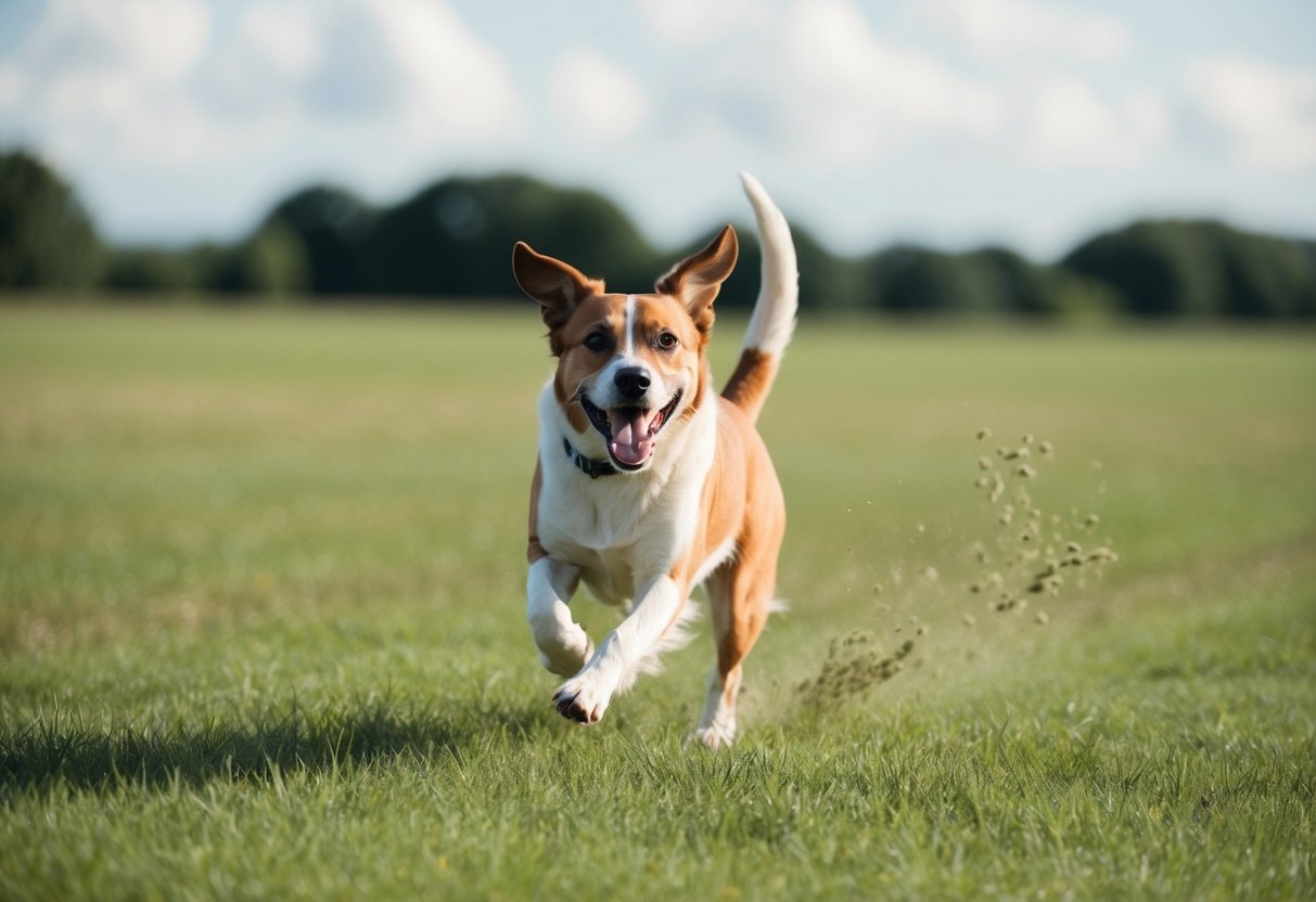A happy dog runs and plays in an open field, chasing its tail and darting back and forth with excitement