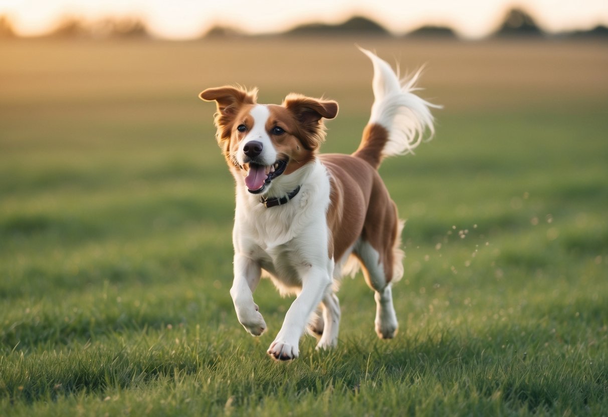 A happy dog running in an open field, tail wagging and ears flopping, with a clear sense of joy and energy