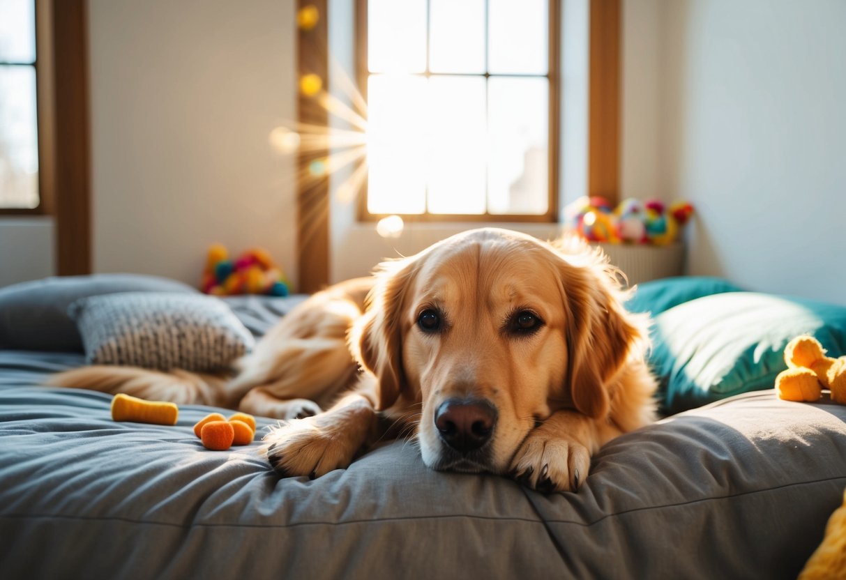 A golden retriever lays content on a cozy bed, surrounded by toys and treats, as sunlight streams through the window onto the room