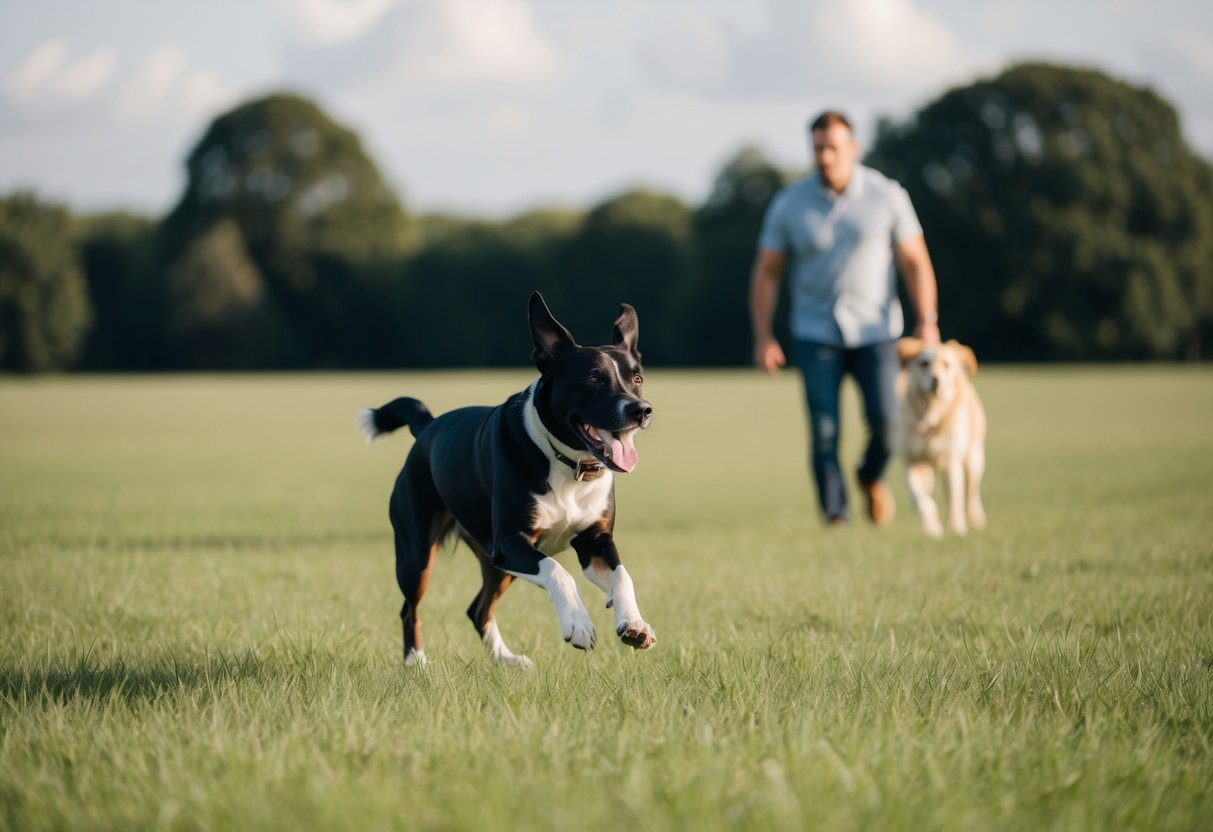 A happy dog running and playing in a wide open field, with a concerned owner looking on from a distance