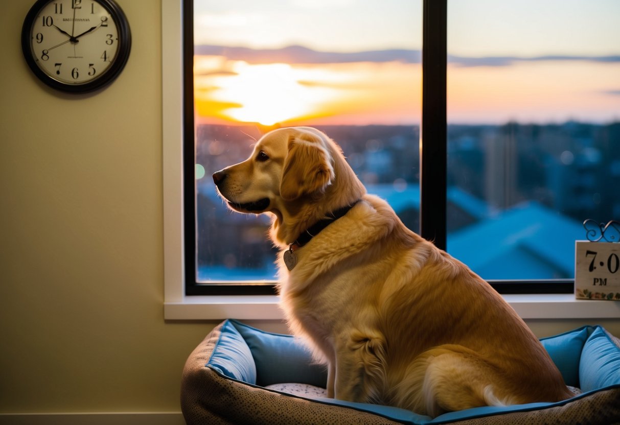 A golden retriever sits patiently by a cozy dog bed, gazing out the window as the sun sets, while a clock on the wall reads 7:00 PM